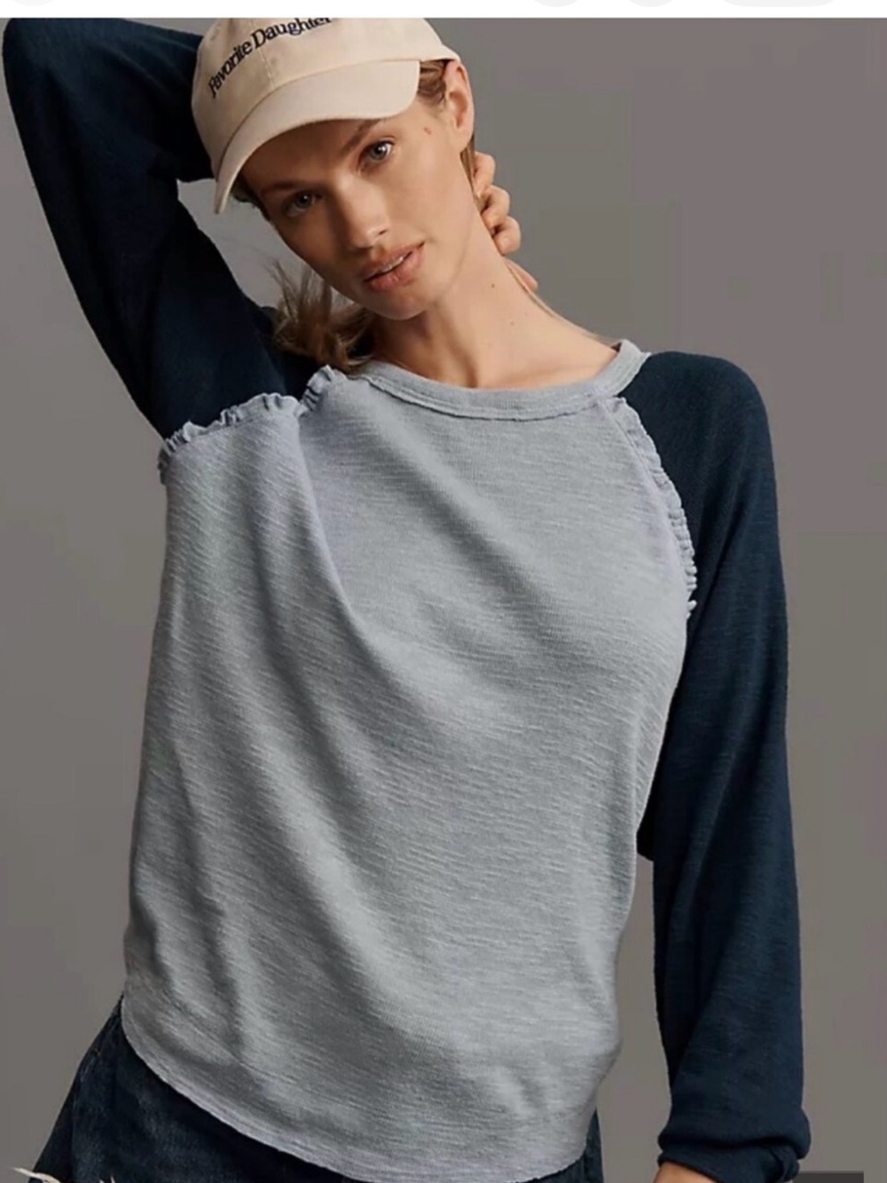PILCRO Women's Medium Two tone Blue Raglan Long Sleeve Knit Tee Raw Edges